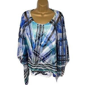 One World Poncho Overlay Blouse Abstract Geometric Print Blue White XL